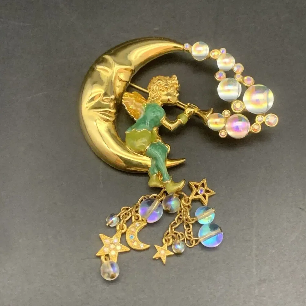 Vintage Kirks Folly Pipedream Fairy Moon Bubbles Charm Rhinestone Pin Brooch